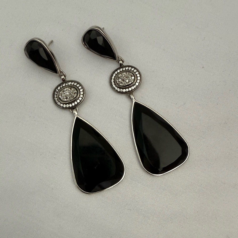 Sophisticated Onyx and Druse Stones Sterling Silver 925 Teardrop Earrings